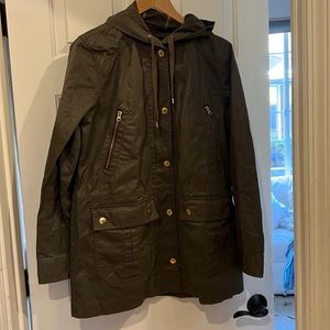 J. Crew olive green waxed cotton hooded field jacket size Large